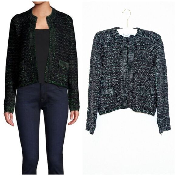 Sandro Crepide Tweed Cardigan Crop Jacket in Black Green